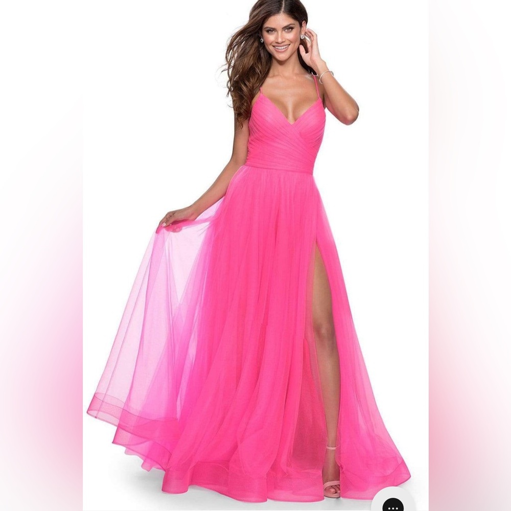 La Femme - 28561 Ruched Tulle A-Line Dress with Slit NEON PINK